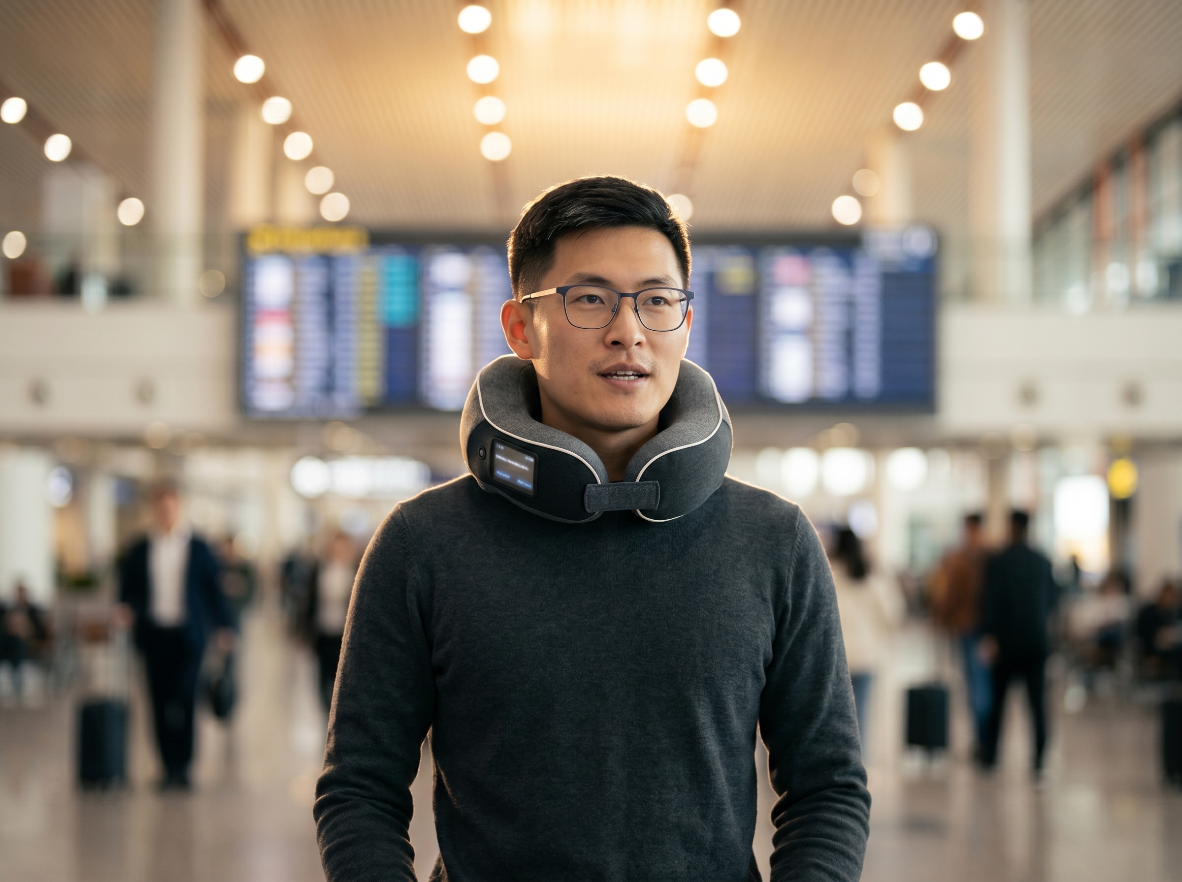 Traveler at airport with AIjia Neckband