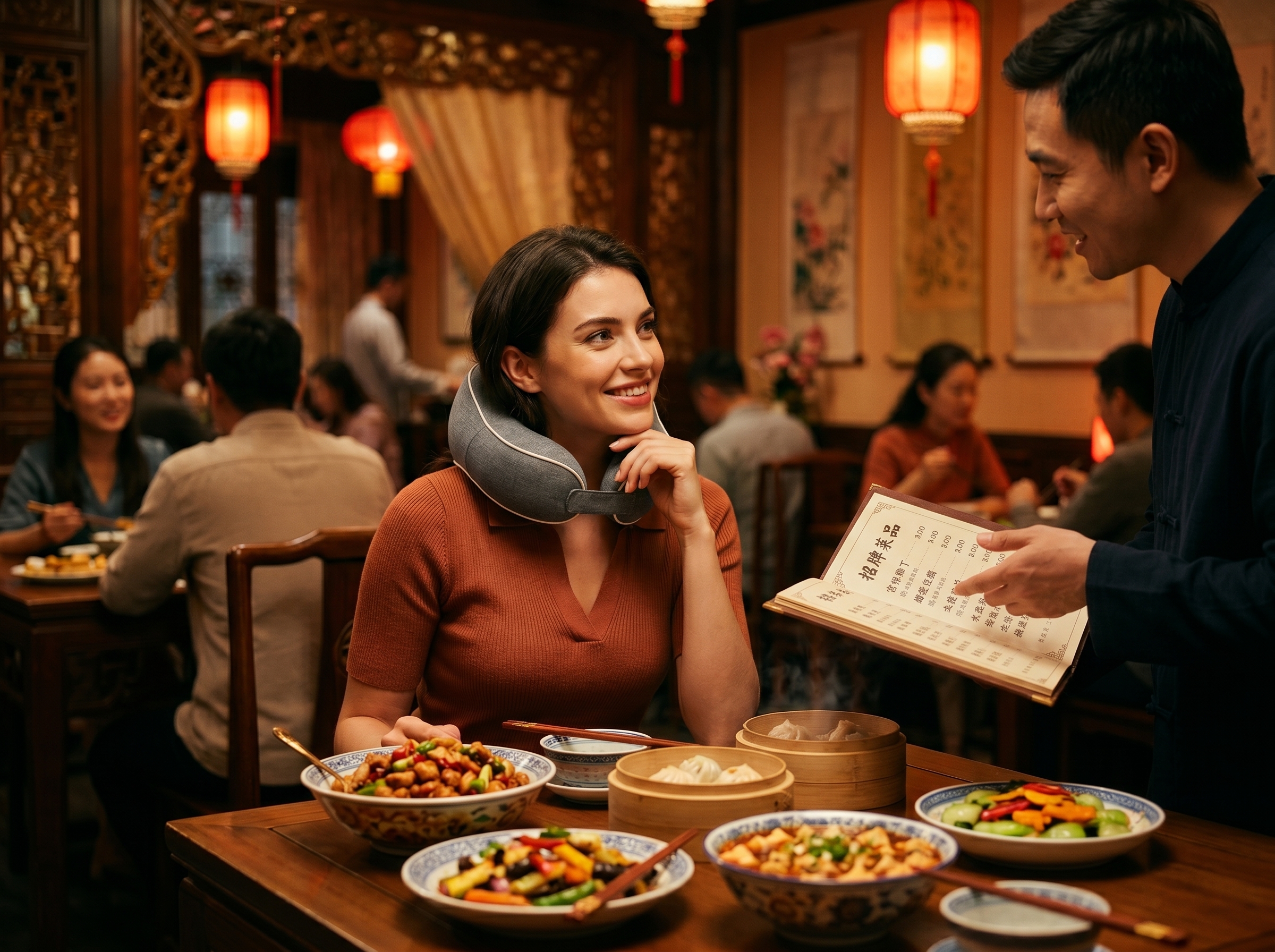 Woman ordering food with AIjia Neckband
