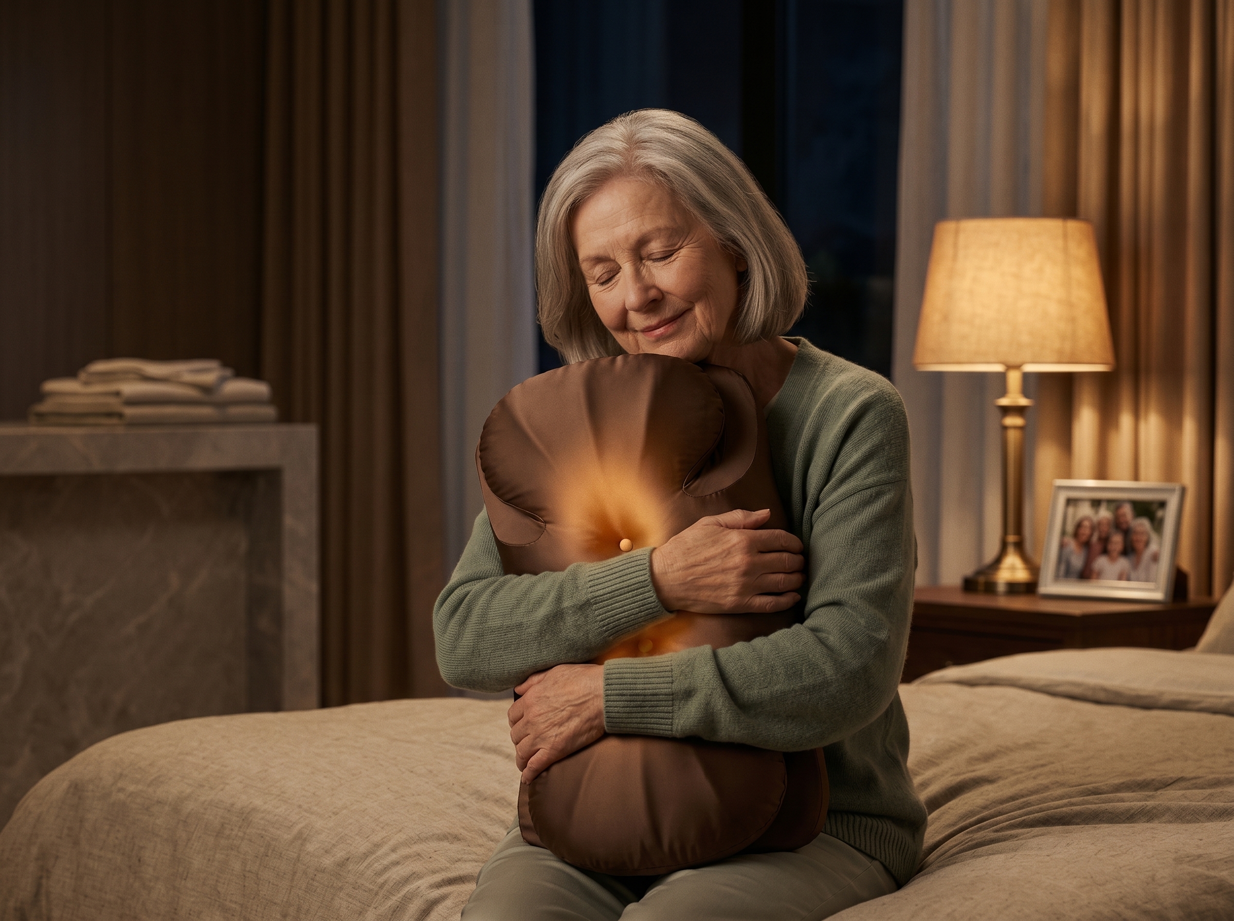 Elderly woman hearing loved one's voice through AIjia Smart Pillow