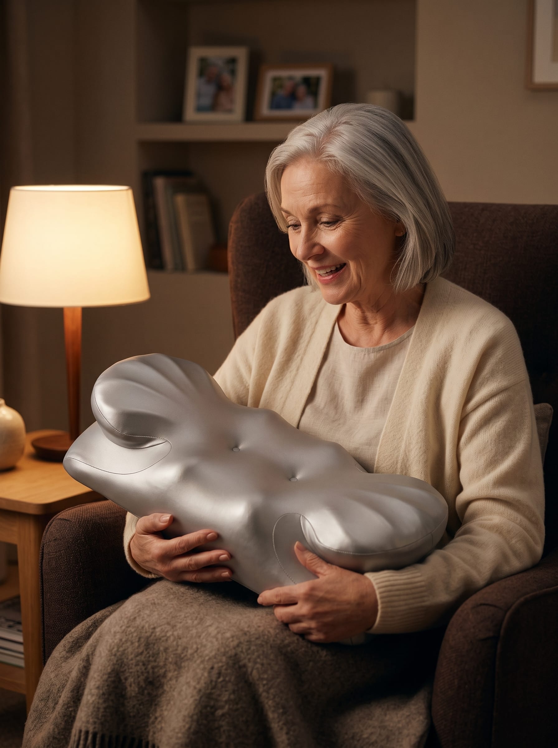 A person resting beside the AIjia Shell Pillow, speaking softly