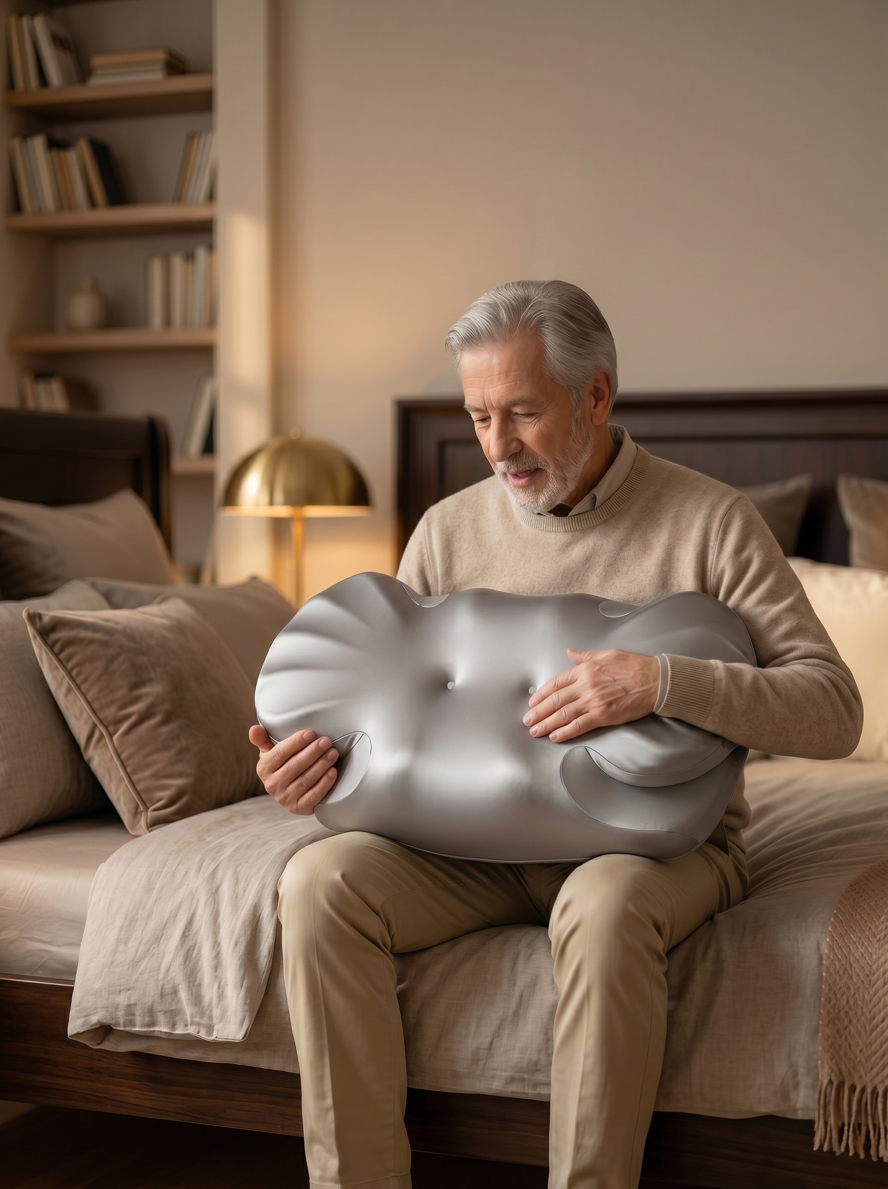 A person at home with the AIjia Shell, the AI companion pillow