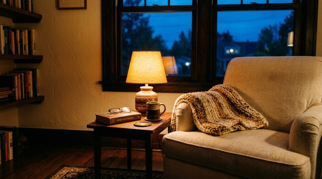 A friendship lamp glowing warmly on a side table beside an evening armchair