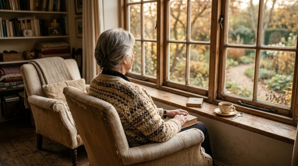 Signs your elderly parent is lonely: an older person alone by a window in the late afternoon.