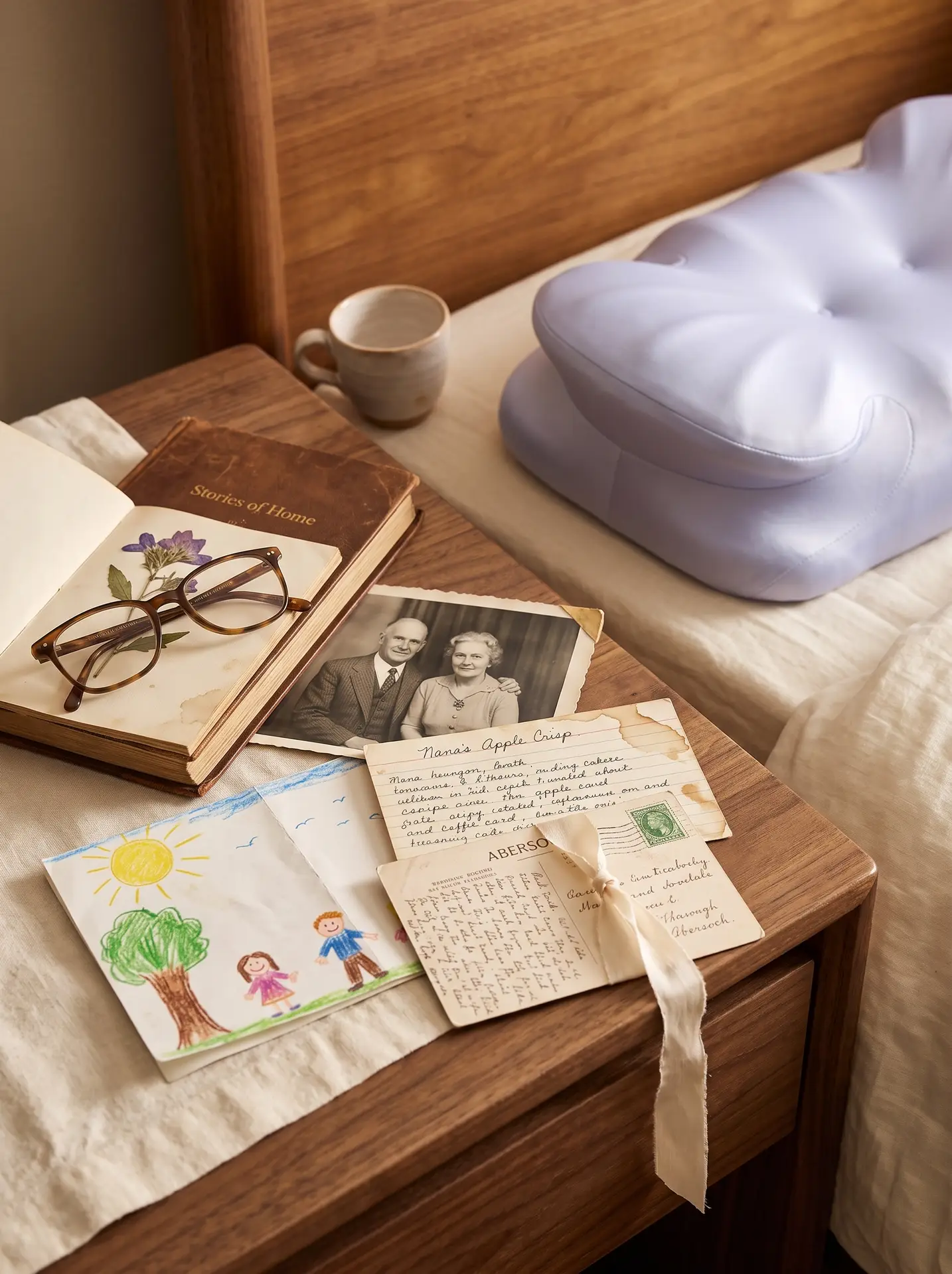 A pale lilac AIjia pillow on a bed beside family photographs, handwritten letters and keepsakes