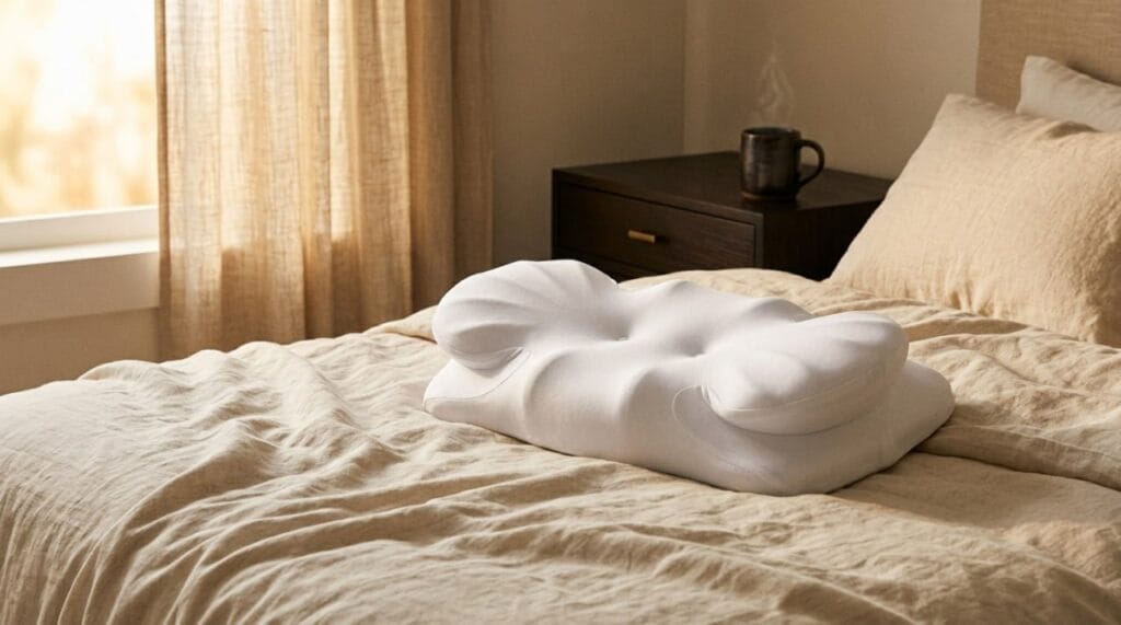 A soft hugging pillow held close on a bed in warm morning light