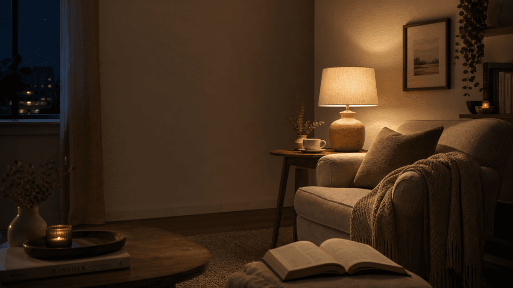 Gifts for people who live alone in a quiet evening living room with a warm lamp, soft armchair, folded blanket, and teacup.