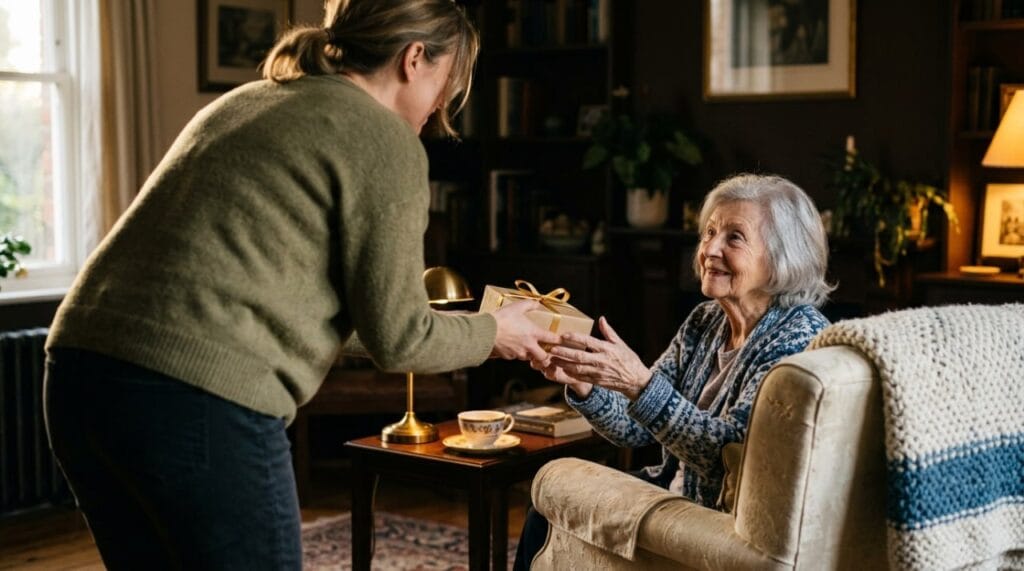A grown daughter hands her elderly mother a wrapped gift in warm lamplight, one of many thoughtful gifts for elderly parents