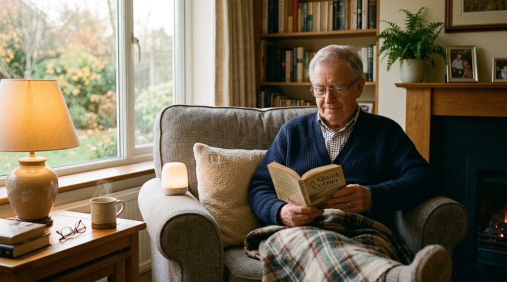 Warm companion pillow resting by an elderly parent's chair at home — gentle company for someone living alone