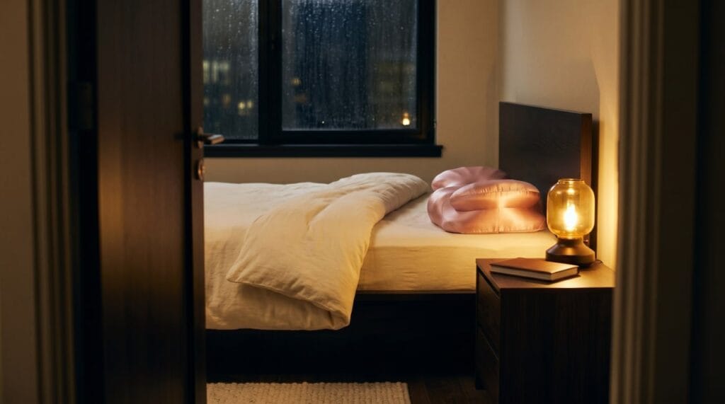 A dim bedside prepared with things to listen to while falling asleep, lamp turned low