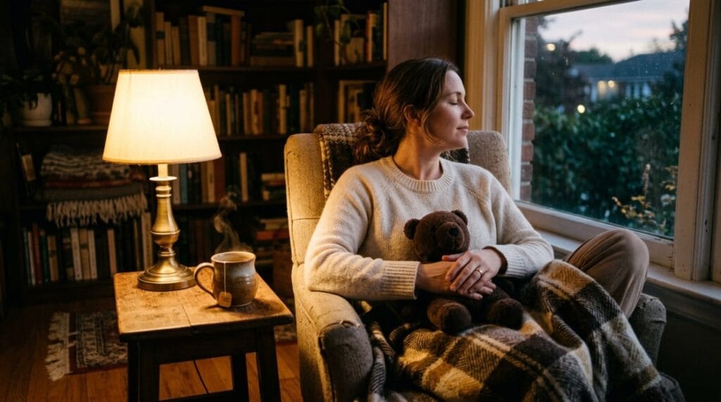 An adult resting with a weighted stuffed animal for anxiety in soft evening light